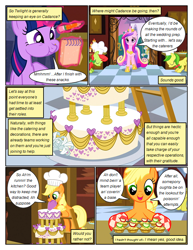 Size: 612x792 | Tagged: safe, artist:newbiespud, edit, edited screencap, screencap, apple fritter, applejack, peachy sweet, queen chrysalis, twilight sparkle, earth pony, pony, unicorn, comic:friendship is dragons, a canterlot wedding, g4, apple family member, bowing, cake, chef's hat, clothes, comic, dialogue, eating, eyes closed, food, gloves, glowing horn, hat, hoof shoes, horn, indoors, jewelry, ladder, magic, male, notepad, pencil, peytral, puffy cheeks, royal guard, screencap comic, stallion, telekinesis, tiara, unicorn twilight, wedding cake