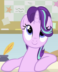 Size: 713x883 | Tagged: safe, screencap, starlight glimmer, pony, unicorn, a horse shoe-in, g4, season 9, bipedal, bipedal leaning, cropped, cute, female, glimmerbetes, leaning, mare, smiling, solo