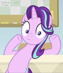 Size: 813x938 | Tagged: safe, screencap, starlight glimmer, pony, a horse shoe-in, g4, bipedal, bipedal leaning, cropped, desk, female, leaning, shocked, solo