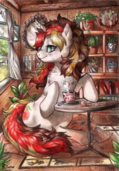 Size: 745x1073 | Tagged: safe, artist:furiarossaandmimma, oc, oc only, oc:scarlet serenade, pony, unicorn, calm, chocolate, cottagecore, detailed background, female, food, hot chocolate, indoors, mare, solo