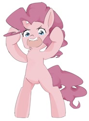 Size: 940x1280 | Tagged: safe, artist:mikey_pony, pinkie pie, earth pony, pony, g4, bipedal, chest fluff, cute, diapinkes, fangs, female, mare, open mouth, simple background, smiling, solo, white background