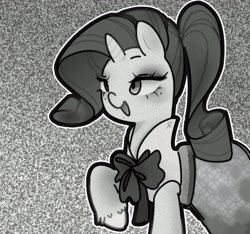 Size: 3100x2900 | Tagged: safe, artist:glosiia, rarity, pony, unicorn, g4, rarity investigates, alternate hairstyle, clothes, dress, female, grayscale, high res, mare, monochrome, noir, open mouth, ponytail, solo, static, tv static, unshorn fetlocks