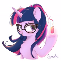 Size: 2191x2278 | Tagged: safe, artist:spoosha, sci-twi, twilight sparkle, pony, unicorn, equestria girls, g4, bust, chest fluff, ear fluff, equestria girls ponified, female, glasses, high res, mare, science, simple background, smiling, solo, test tube, unicorn sci-twi, white background
