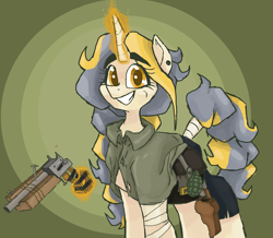 Size: 2436x2124 | Tagged: safe, artist:smirk, oc, oc only, oc:anne arkie, pony, unicorn, fallout equestria, bandage, clothes, grenade, gun, high res, holster, looking at you, magic, ms paint, pipe pistol, scar, simple background, solo, tail wrap, weapon