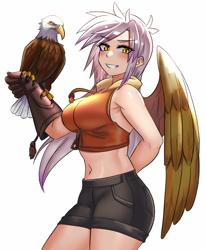 Size: 800x972 | Tagged: safe, artist:tzc, gilda, bald eagle, bird, eagle, human, g4, anime, big breasts, blushing, breasts, busty gilda, clothes, falconry, female, gauntlet, gloves, humanized, midriff, shorts, simple background, smiling, solo, white background, winged humanization, wings