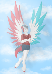 Size: 2480x3508 | Tagged: safe, artist:lunathemoongod, oc, oc only, oc:geometry dash, pegasus, anthro, clothes, cloud, high res, hooves, red and blue, shirt, short hair, shorts, sky, solo, sports bra, t-shirt, wings