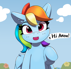 Size: 1880x1830 | Tagged: safe, artist:pabbley, part of a set, rainbow dash, pegasus, pony, g4, cute, dashabetes, dialogue, female, hi anon, implied anon, looking at you, mare, meme, solo, speech bubble