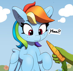 Size: 1880x1830 | Tagged: safe, artist:pabbley, part of a set, rainbow dash, oc, oc:anon, human, pegasus, pony, g4, carrot, cute, dashabetes, disembodied hand, ear fluff, female, food, hand, mare, offscreen character, offscreen human