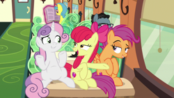 Size: 1920x1080 | Tagged: safe, screencap, apple bloom, down under, lemon hearts, scootaloo, sweetie belle, g4, growing up is hard to do, cutie mark, cutie mark crusaders, older, older apple bloom, older cmc, older scootaloo, older sweetie belle, sitting, the cmc's cutie marks