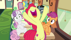 Size: 1920x1080 | Tagged: safe, screencap, apple bloom, down under, lemon hearts, scootaloo, sweetie belle, g4, growing up is hard to do, bipedal, cutie mark, cutie mark crusaders, hooves in air, mawshot, nose in the air, older, older apple bloom, older cmc, older scootaloo, older sweetie belle, open mouth, sitting, the cmc's cutie marks, uvula, volumetric mouth, y pose
