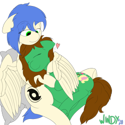 Size: 5000x5000 | Tagged: safe, artist:thewindrunner, oc, oc only, oc:strong locks, oc:windrunner, earth pony, pegasus, pony, cute, duo, heart, hug, oc x oc, pillow, pregnant, prehensile hair, shipping, simple background, sleeping, snuggling, transparent background, winghug