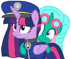 Size: 1182x975 | Tagged: safe, alternate version, artist:徐詩珮, glitter drops, twilight sparkle, alicorn, pony, unicorn, series:sprglitemplight diary, series:sprglitemplight life jacket days, series:springshadowdrops diary, series:springshadowdrops life jacket days, g4, alternate universe, background removed, base used, chase (paw patrol), clothes, dress, eyelashes, female, frown, goggles, hat, hug, lesbian, mare, paw patrol, paw prints, scared, ship:glitterlight, shipping, simple background, skye (paw patrol), transparent background, twilight sparkle (alicorn)