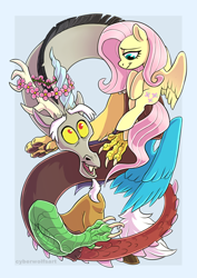 Size: 500x708 | Tagged: safe, artist:decepticoncyberwolf, discord, fluttershy, draconequus, pegasus, pony, g4, cute, duo, female, floral head wreath, flower, lidded eyes, male, mare, profile, smiling