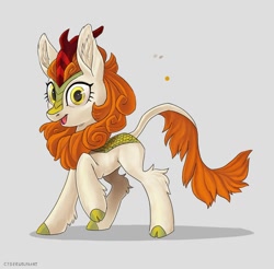 Size: 1024x1006 | Tagged: safe, artist:decepticoncyberwolf, autumn blaze, kirin, g4, ear fluff, female, gray background, leg fluff, looking at you, open mouth, simple background, solo