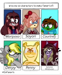 Size: 1004x1200 | Tagged: safe, artist:emilybirdieuwu, derpy hooves, elf, human, pegasus, pig, pony, anthro, g4, angry birds, anthro with ponies, braces, bust, clothes, courtney (angry birds), crossover, dark skin, doki doki literature club, eyelashes, female, green pig, grin, mare, mariposa diaz, one eye closed, peace sign, penny fitzgerald, sayori, school uniform, six fanarts, smiling, star vs the forces of evil, sylvanas windrunner, the amazing world of gumball, the angry birds movie 2, warcraft, wink, world of warcraft