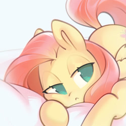Size: 1602x1602 | Tagged: safe, artist:mirroredsea, fluttershy, pegasus, pony, g4, :<, cute, female, lidded eyes, mare, no pupils, pillow, prone, shyabetes, sleepy, solo