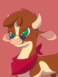Size: 6000x8000 | Tagged: safe, artist:imposter dude, arizona (tfh), cow, them's fightin' herds, bandana, beef, community related, female, glasses, red background, simple background, solo, sunglasses