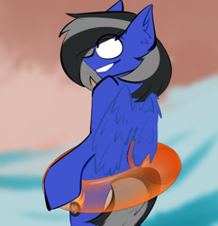 Size: 800x828 | Tagged: safe, artist:meaxtonly, oc, oc only, oc:driftor, pegasus, pony, bipedal, blue coat, blue eyes, blurry background, commission, cutie mark, ear fluff, floating, folded wings, gritted teeth, inner tube, life preserver, male, ocean, pegasus oc, smiling, solo, stallion, swimming, two toned mane, two toned tail, wings, ych result