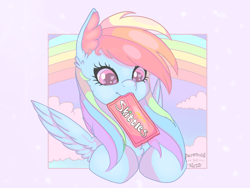 Size: 1600x1200 | Tagged: safe, artist:paranoid_siren, rainbow dash, pegasus, pony, g4, candy, cloud, cute, dashabetes, ear fluff, female, food, happy, hooves, pastel, pastel background, rainbows, skittles, smiling, solo