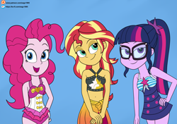 Size: 6000x4234 | Tagged: safe, artist:eagc7, pinkie pie, sci-twi, sunset shimmer, twilight sparkle, equestria girls, bedroom eyes, belly button, clothes, female, ko-fi, looking at you, patreon, simple background, sleeveless, swimsuit, trio