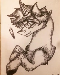 Size: 1080x1350 | Tagged: safe, artist:olyaandspid, pony, unicorn, bust, glasses, pencil, ponified, solo, traditional art, unshorn fetlocks