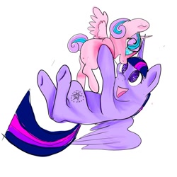 Size: 1080x1080 | Tagged: safe, artist:bellas.den, princess flurry heart, twilight sparkle, alicorn, pony, g4, aunt and niece, cute, duo, female, filly, flurrybetes, holding a pony, mare, on back, open mouth, smiling, twiabetes, twilight sparkle (alicorn), underhoof