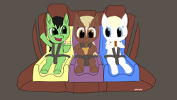 Size: 3840x2160 | Tagged: safe, artist:purblehoers, oc, oc:aryanne, oc:filly anon, earth pony, pony, /mlp/, burger, car, car seat, eating, fast food, female, filly, food, happy, hay burger, high res, juice, juice box, orange juice, smiling, toy, toy fluttershy, trio, verity