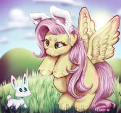 Size: 1710x1602 | Tagged: safe, artist:...macabre..., angel bunny, fluttershy, pegasus, pony, rabbit, g4, animal, behaving like a rabbit, bunny ears, cute, daaaaaaaaaaaw, female, male, mare, shyabetes