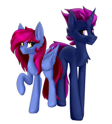 Size: 2032x2260 | Tagged: safe, artist:teelastrie, oc, oc only, pegasus, pony, unicorn, duo, high res, horn, looking at each other, pegasus oc, simple background, unicorn oc, wings