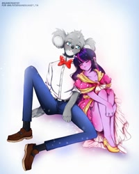 Size: 1080x1350 | Tagged: safe, alternate version, artist:aunibonnie321, twilight sparkle, koala, anthro, equestria girls, g4, bowtie, buster moon, clothes, colored, crack shipping, crossover, dress, duo, female, male, nuzzling, pants, shipping, shoes, sing (movie), sitting, sleeping, straight