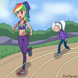 Size: 3000x3000 | Tagged: safe, artist:donmarcino, color edit, edit, editor:michaelsety, gameloft, rainbow dash, trixie, human, equestria girls, alternate clothes, alternate hairstyle, babysitter trixie, belly button, breasts, buckball fan gear rainbow dash, cleavage, clothes, duo, exhausted, female, gameloft interpretation, grass, hoodie, human coloration, humanized, imminent wardrobe malfunction, jacket, light skin, light skin edit, midriff, open clothes, open mouth, open shirt, pants, pigtails, ponytail, race track, running, shoes, shorts, skin color edit, sky, sleeveless, sneakers, socks, sports bra, sports shoes, sports shorts, stars, sweatpants, tracksuit, twintails, zipper