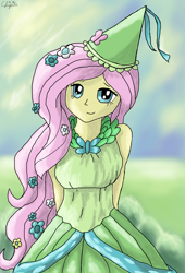 Size: 1720x2533 | Tagged: safe, artist:chipilacloud, fluttershy, equestria girls, g4, arm behind back, clothes, dress, female, gown, hennin, looking at you, no more ponies at source, princess, solo