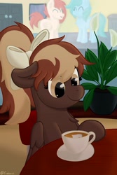 Size: 1000x1500 | Tagged: safe, artist:exobass, oc, oc only, oc:barista, pegasus, pony, brown, coffee, female, mare, pegasus oc, plant, street, window, wings