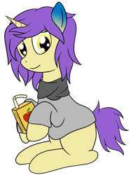 Size: 855x1141 | Tagged: safe, artist:cloudy95, oc, oc only, pony, unicorn, clothes, female, juice, juice box, mare, shirt, simple background, solo, transparent background