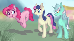 Size: 3840x2160 | Tagged: dead source, safe, artist:108fiona8fay, bon bon, lyra heartstrings, pinkie pie, sweetie drops, earth pony, pony, unicorn, g4, female, high res, mare, missing cutie mark, pronking, trio