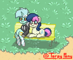 Size: 460x380 | Tagged: safe, artist:torpy-ponius, bon bon, lyra heartstrings, sweetie drops, earth pony, pony, pony town, g4, clothes, dig the swell hoodie, female, hoodie, lesbian, meme, pixel art, ship:lyrabon, shipping, sitting, sitting lyra