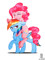 Size: 914x1216 | Tagged: safe, artist:monsoonvisionz, pinkie pie, rainbow dash, earth pony, pegasus, pony, g4, :p, chest fluff, concave belly, cute, diapinkes, duo, ear fluff, floppy ears, leg fluff, physique difference, pinkie pie riding rainbow dash, ponies riding ponies, rainbow dash is not amused, raised leg, riding, simple background, slender, thin, tongue out, unamused, underhoof, white background