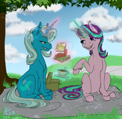 Size: 1024x1004 | Tagged: safe, artist:jocossie, starlight glimmer, trixie, pony, unicorn, g4, basket, cup, duo, duo female, female, food, glowing horn, horn, magic, obtrusive watermark, picnic, picnic basket, picnic blanket, sandwich, teacup, telekinesis, tree, watermark