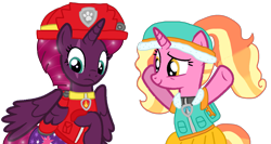 Size: 2037x1080 | Tagged: safe, alternate version, artist:徐詩珮, fizzlepop berrytwist, luster dawn, tempest shadow, alicorn, pony, unicorn, series:sprglitemplight diary, series:sprglitemplight life jacket days, series:springshadowdrops diary, series:springshadowdrops life jacket days, g4, alicornified, alternate universe, background removed, backpack, base used, clothes, cute, cutie mark, cutie mark on clothes, dress, duo, ethereal mane, everest (paw patrol), eye scar, eyelashes, hat, helmet, marshall (paw patrol), older, older tempest shadow, palindrome get, paw patrol, paw prints, race swap, raised hoof, scar, simple background, smiling, starry mane, tempestbetes, tempesticorn, transparent background, underhoof