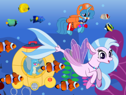 Size: 1440x1080 | Tagged: safe, artist:jhayarr23, artist:徐詩珮, gallus, silverstream, spring rain, fish, griffon, pony, seapony (g4), unicorn, series:sprglitemplight diary, series:sprglitemplight life jacket days, series:springshadowdrops diary, series:springshadowdrops life jacket days, g4, base used, clothes, clownfish, cute, diastreamies, eyelashes, female, grin, heart eyes, helmet, lifeguard, lifeguard spring rain, male, mare, open mouth, paw patrol, paw prints, seapony silverstream, ship:gallstream, shipping, smiling, snorkel, snorkeling, springbetes, straight, submarine, underwater, whistle, wingding eyes, zuma (paw patrol)