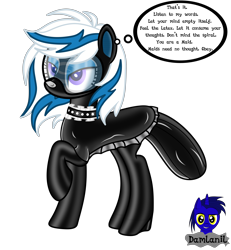 Size: 3840x4154 | Tagged: safe, artist:damlanil, oc, oc:lady lightning strike, pegasus, pony, blindfold, bodysuit, bondage, brainwashing, choker, clothes, comic, commission, ear plugs, female, gag, hypnogear, hypnosis, latex, latex suit, maid, mare, muzzle gag, roleplay, shiny, show accurate, simple background, solo, tech control, text, transparent background, vector, visor