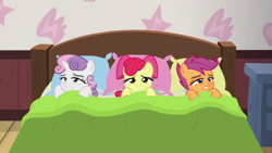 Size: 1920x1080 | Tagged: safe, screencap, apple bloom, scootaloo, sweetie belle, pony, unicorn, g4, growing up is hard to do, bed, cutie mark crusaders, pillow
