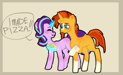 Size: 1244x768 | Tagged: safe, artist:lunar_cosmos, starlight glimmer, sunburst, pony, unicorn, g4, abstract background, blushing, cheese pizza, cute, dialogue, eyes closed, female, food, grin, levitation, magic, male, mare, pizza, plate, raised hoof, ship:starburst, shipping, simple background, smiling, speech bubble, stallion, straight, telekinesis