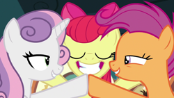 Size: 1920x1080 | Tagged: safe, screencap, apple bloom, scootaloo, sweetie belle, earth pony, pegasus, pony, unicorn, g4, growing up is hard to do, cutie mark crusaders, older, smiling