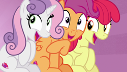Size: 1920x1080 | Tagged: safe, screencap, apple bloom, scootaloo, sweetie belle, earth pony, pegasus, pony, unicorn, g4, growing up is hard to do, cutie mark, cutie mark crusaders, older, the cmc's cutie marks