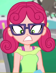 Size: 326x421 | Tagged: safe, screencap, alizarin bubblegum, equestria girls, equestria girls series, g4, tip toppings, tip toppings: fluttershy, spoiler:eqg series (season 2), angry, cropped, female, glasses, solo focus