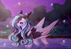 Size: 2481x1704 | Tagged: safe, artist:keltonia, oc, oc only, firefly (insect), insect, pegasus, pony, colored wings, female, heterochromia, mare, night, solo, two toned wings, wings