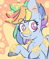 Size: 500x600 | Tagged: safe, artist:rumlion, rainbow dash, pegasus, pony, g4.5, my little pony: pony life, princess probz, abstract background, bust, chest fluff, colored hooves, dirty, female, flan, food, heart eyes, looking at you, mare, pudding, raised eyebrow, solo, three quarter view, wingding eyes, wings