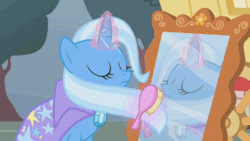 Size: 444x250 | Tagged: safe, screencap, trixie, pony, unicorn, boast busters, g4, season 1, animated, brush, brushing, cape, clothes, comb, combing, eyes closed, female, gif, hairbrush, magic, mare, mirror, perfect loop, solo, trixie's cape