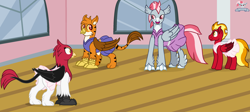 Size: 2888x1298 | Tagged: safe, artist:peregrinstaraptor, oc, oc only, oc:gareth, oc:genette, oc:sunfyre, oc:valour flame, classical hippogriff, griffon, hippogriff, pegasus, pony, ballerina, ballet, cheerleader outfit, clothes, crossdressing, female, femboy, griffon oc, hippogriff oc, male, stallion, studio, tutu, tutus, tututiful